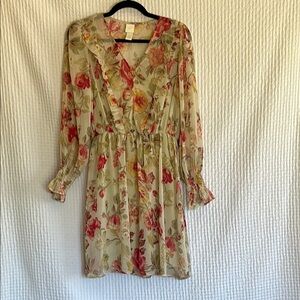H&M Floral Long Sleeve Dress - red pink green long sleeve V-neck